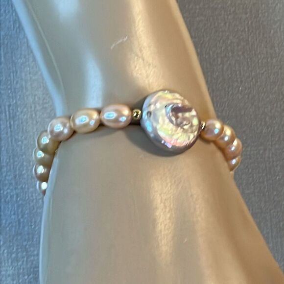 NWT PURPLE COIN KESHI PEARL & PEACH FRESHWATER STRETCH PEAL BRACELET IN SS. - Picture 7 of 15